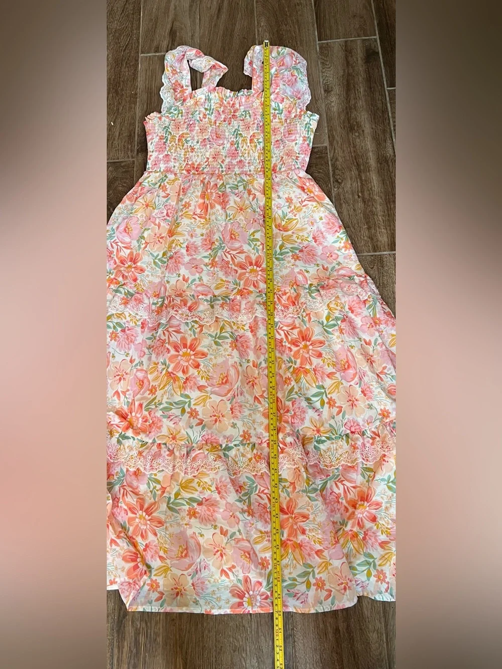 Haute Hippie Dress Sz 12 Pink White Floral Tiered Ruffle Smocked Midi Boho Beach - Picture 6 of 8
